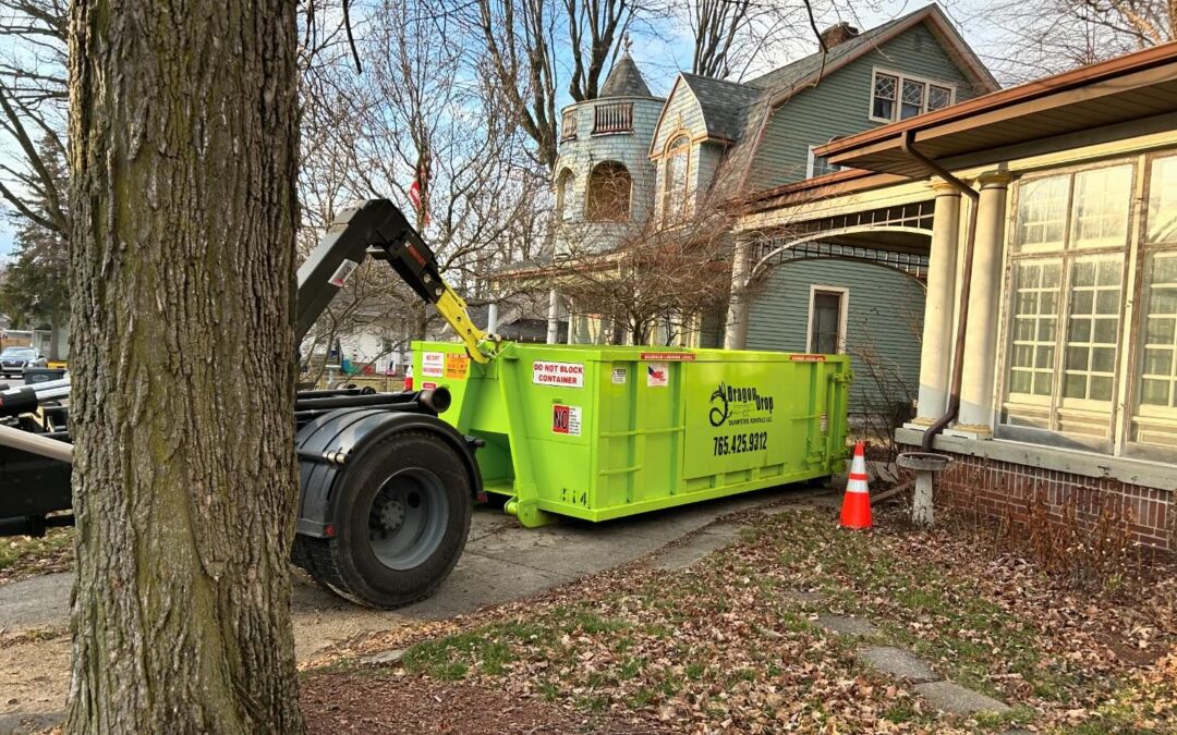 Photo of a dumpster delivery by Dragon Drop Dumpster Rentals.